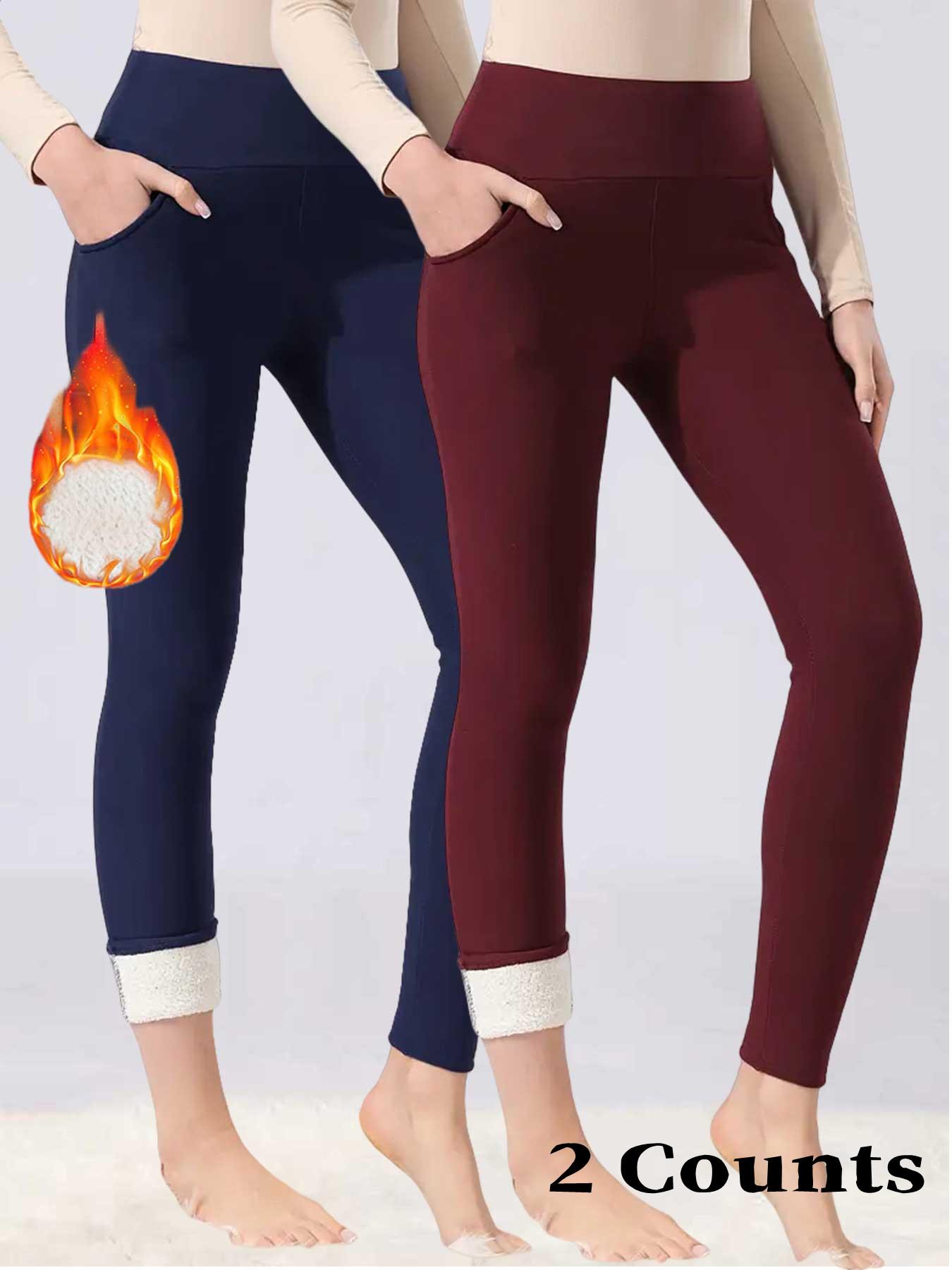 Women's Fall Winter High Waist Fleece Lined Leggings, Skinny Yoga Bottoms, Sporty Tight-Fitting Yoga Pants with Pockets, Warm Thick Woven Fabric