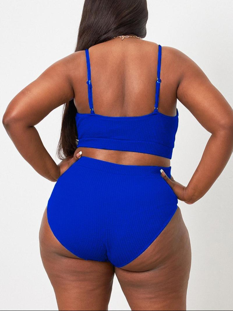[Plus Size] Plain Ribbed Swimsuits, Casual Spaghetti Strap Cami Swim Top & High Waist Swim Bottom Bikini Sets for Summer, Swimsuit for Women, Women's Swimwear for Beach Holiday, Tankini Outfit, High Waisted Swimsuit, Swim Tankini Tops
