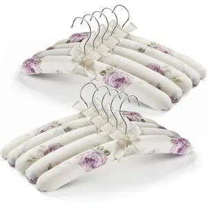 Anti Slip Satin Padded Clothes Hangers for Women Foam Sweater Hangers - Fancy Thick Padded Coat Hanger No Bump Floral Canvas Cover for Adult, Bridesmaid, Wedding Gown Closet (Pack of 10)