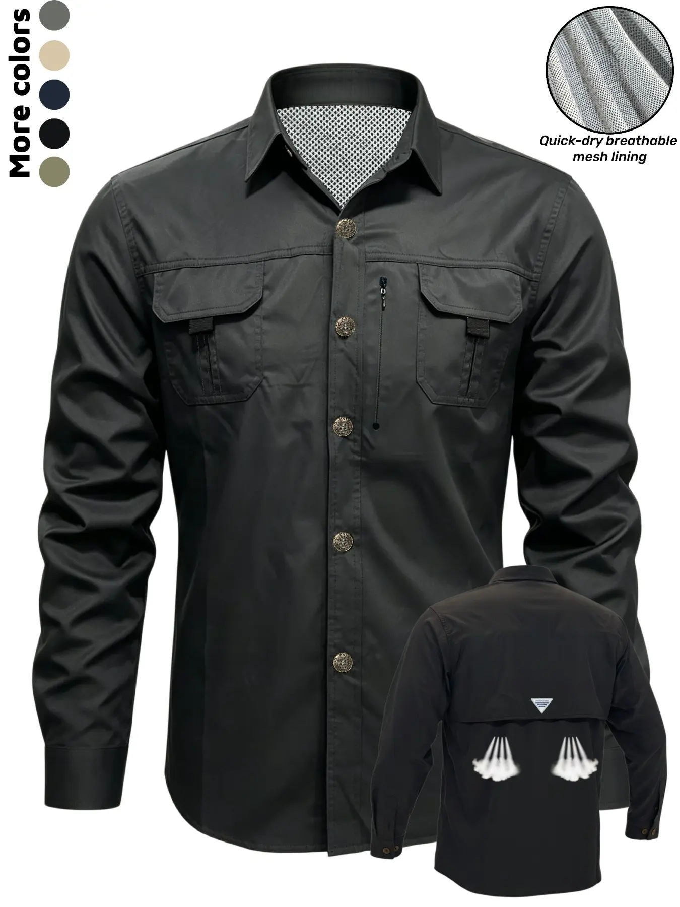 Men's Long Sleeve Quick-Dry Fishing Shirt, Breathable Mesh Lining, Lightweight Button Front, Outdoor Workwear, Multiple Pockets