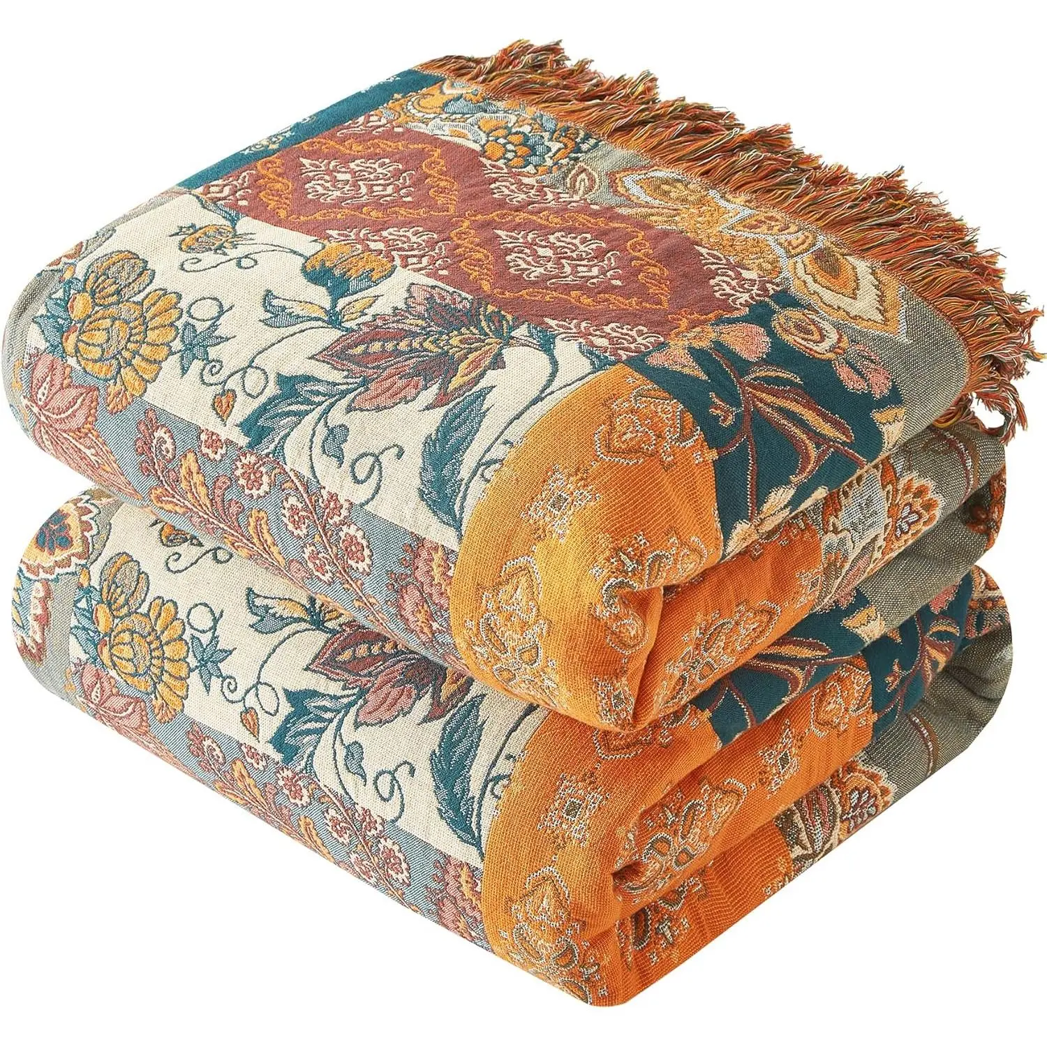 Boho Pet Throw Blanket - 100% Cotton Woven Tassel Muslin Quilt, 60”x80” Floral Printed Reversible Decorative Cover for Couch/Sofa/Bed, Ideal for Birthday, Friends, Family, Thanksgiving, Holiday Gifting