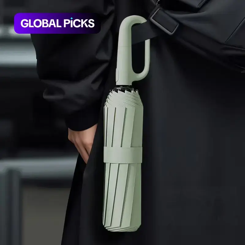 Green Foldable Rainproof Automatic Umbrella, 1pc Compact Ring-Buckle Windproof Reinforced Pocket Umbrella for Women, Durable Sun-Protection UV Umbrella, for Rainy Days & Outdoor Use, Wind Resistant Umbrella, Portable Folding Umbrella #GLOBAL PICKS