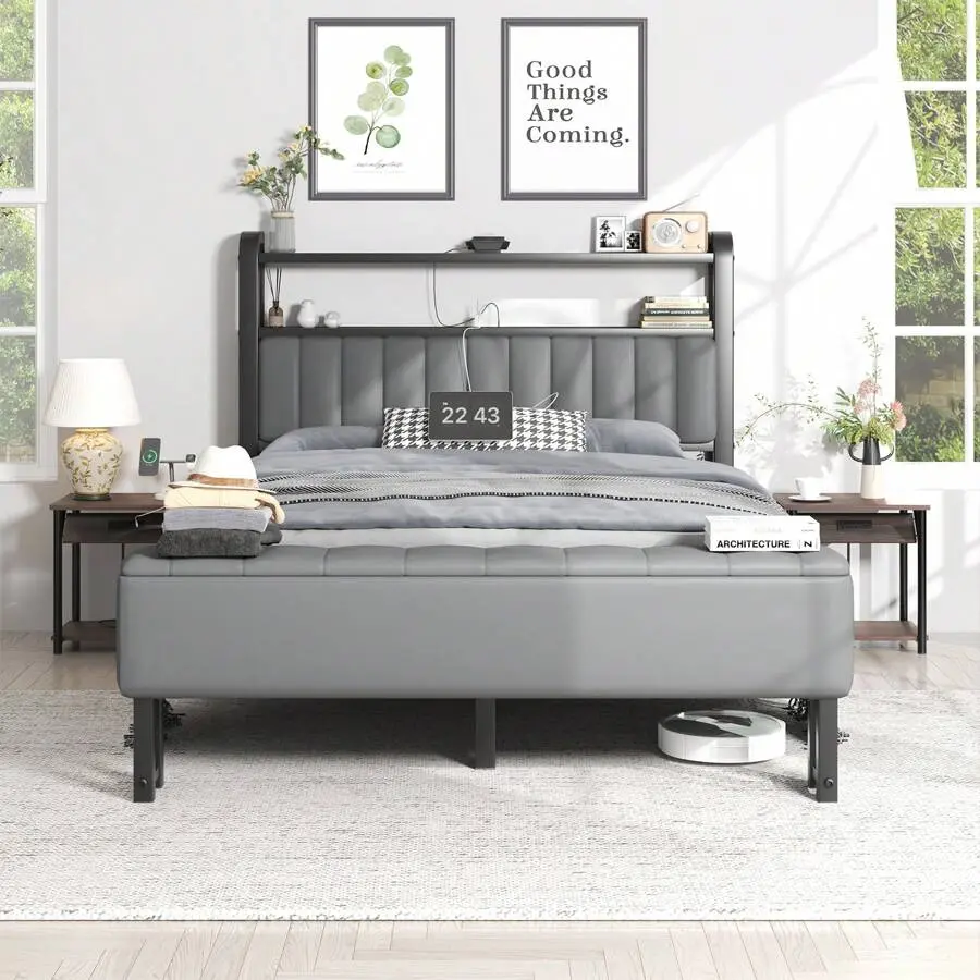 Starry Sky Lamp Design Bed Frame With Cushioned Ottoman, Charging Station, Heavy Duty Feet, Easy To Assemble