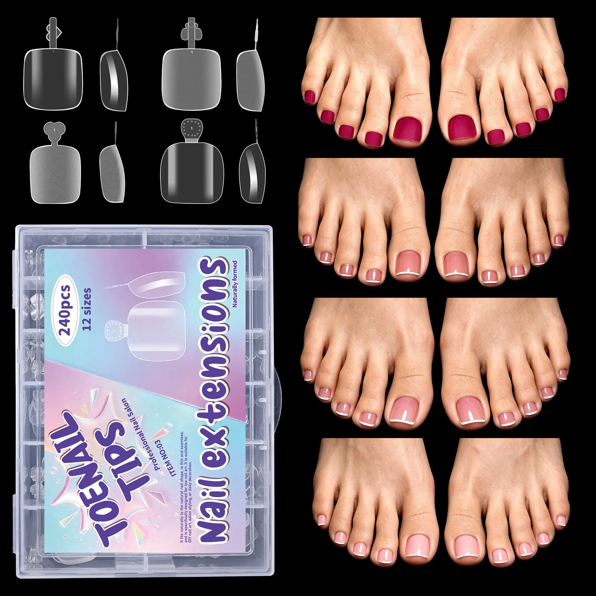 240pcs Full Cover French Toenail Extension Tips, Big Square Shape, Pure Color, Matte End, Transparent Acrylic Nail Extension, Press-On Toe Nail Tips for Manicure No Glue Included