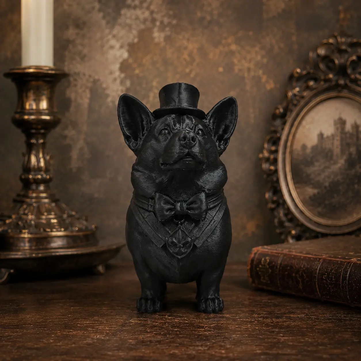 Corgi Gentleman Hat Tie Statue, Vintage British Style Dog Desk Decor, Perfect for Home Office Coffee Shop Pet Theme Gifts