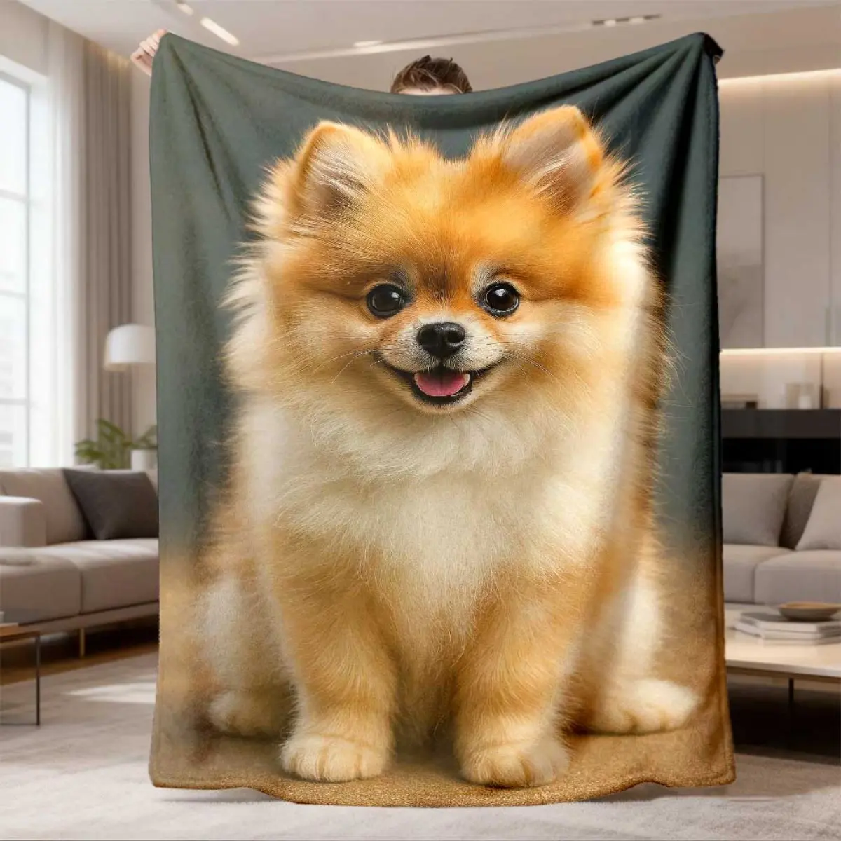 2026 New Arrival Flannel Blanket 1Pc Adorable Cartoon Pomeranian Dog Flannel Blanket - Soft, Cozy, And High-End Home Decor For All Seasons, Polyester, Digital Print, Allseason Comfort Playful Design Texture, Dog