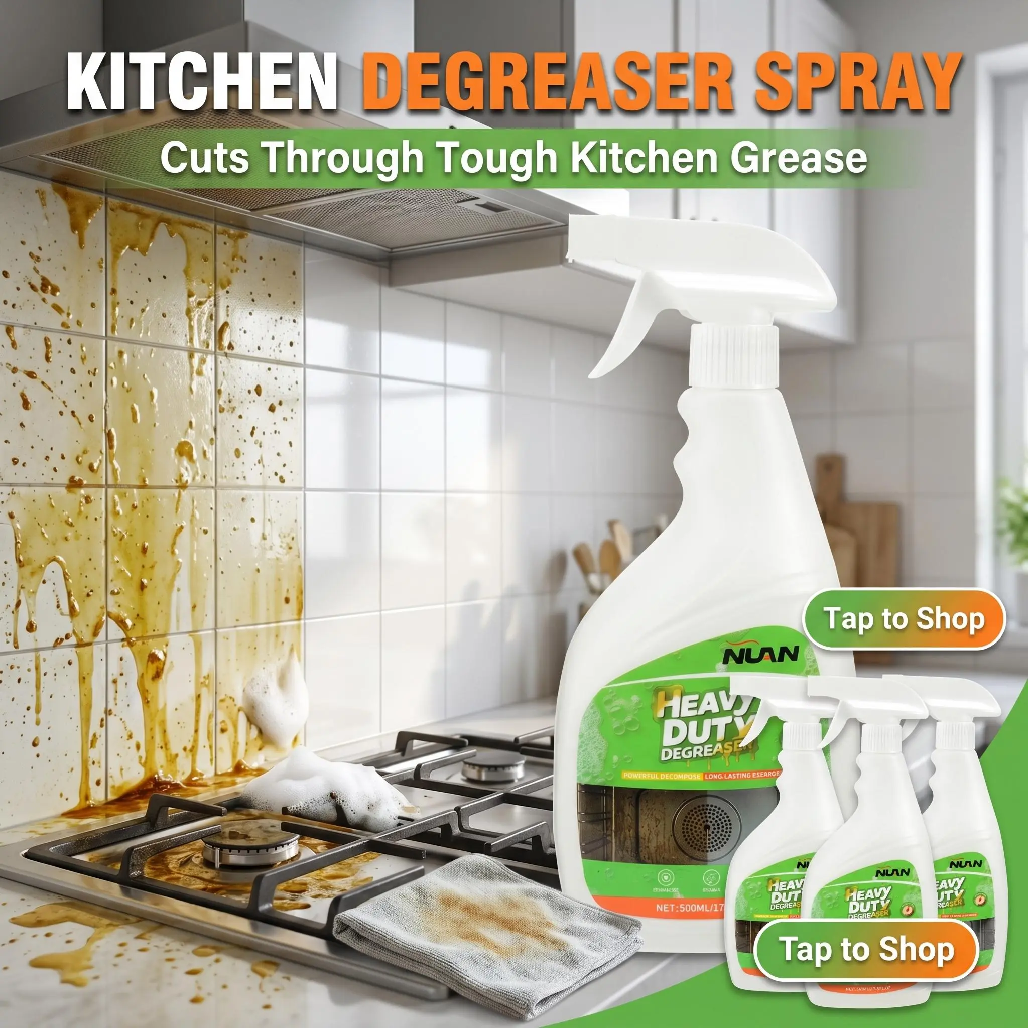 NUAN Heavy Duty Household Liquid Surface Cleaner Solution - Instantly Removes Grease from Stoves, Hoods, Countertops - MY0522