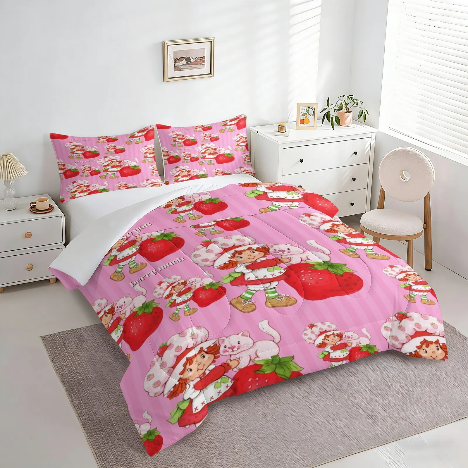 Cute Strawberry Shortcake Girl & White Cat Comforter Bedding Set, 1 Comforter + 1-2 Pillowcases, HD Digital Printed, Soft Comfortable Skin-Friendly Washable Fabric, Pink Sweet Summer Kids Room Decor