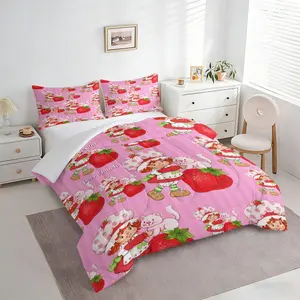 Cute Strawberry Shortcake Girl & White Cat Comforter Bedding Set, 1 Comforter + 1-2 Pillowcases, HD Digital Printed, Soft Comfortable Skin-Friendly Washable Fabric, Pink Sweet Summer Kids Room Decor