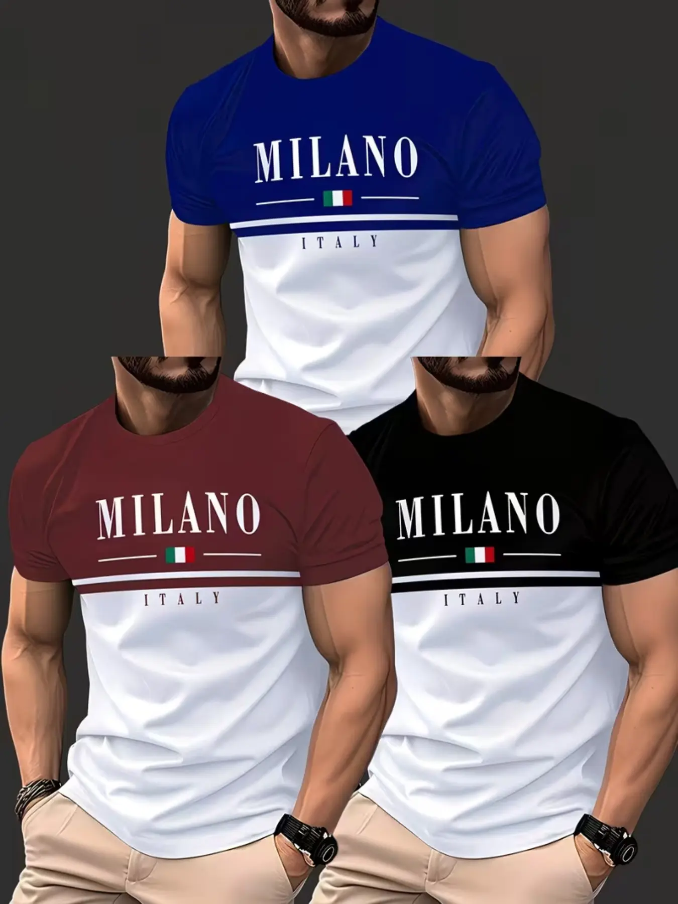 Men's 3-Piece Fashion Casual Set, Comfortable Round Neck Short Sleeve Top, Breathable Fabric, Loose Fit, Daily Wear
