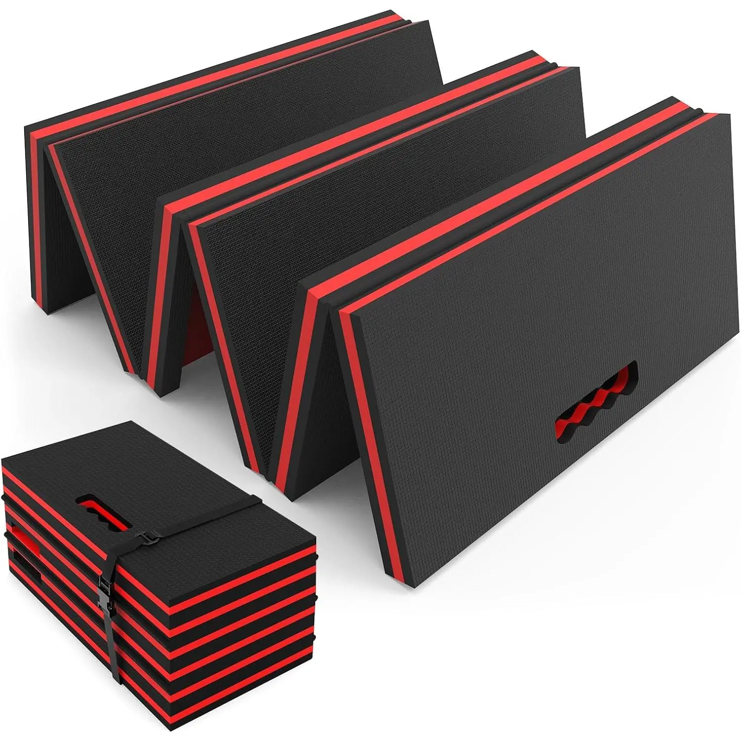 Thick Mechanic Mat, Foldable EVA Mat with  Tool Compartments,  Mechanic Kneeling Pad with Handle for Garage Workshop Repairing Gardening, 46.5" x 15.8" x 1.1 ", Black & Red