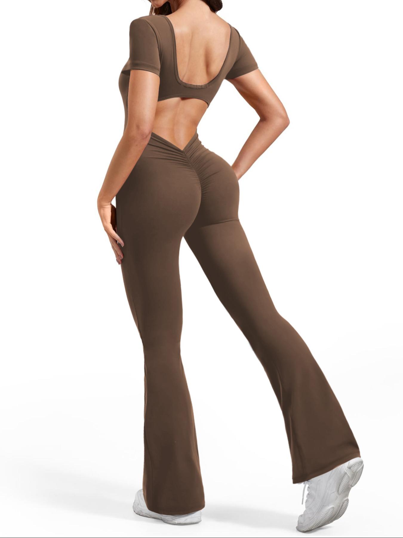 Women's Solid Cut Out Backless Flare Leg Sports Jumpsuit, Sporty Square Neck Ruched Bell Bottom Tummy Control Jumpsuit for Yoga Gym Workout, Ladies Sportswear for All Seasons