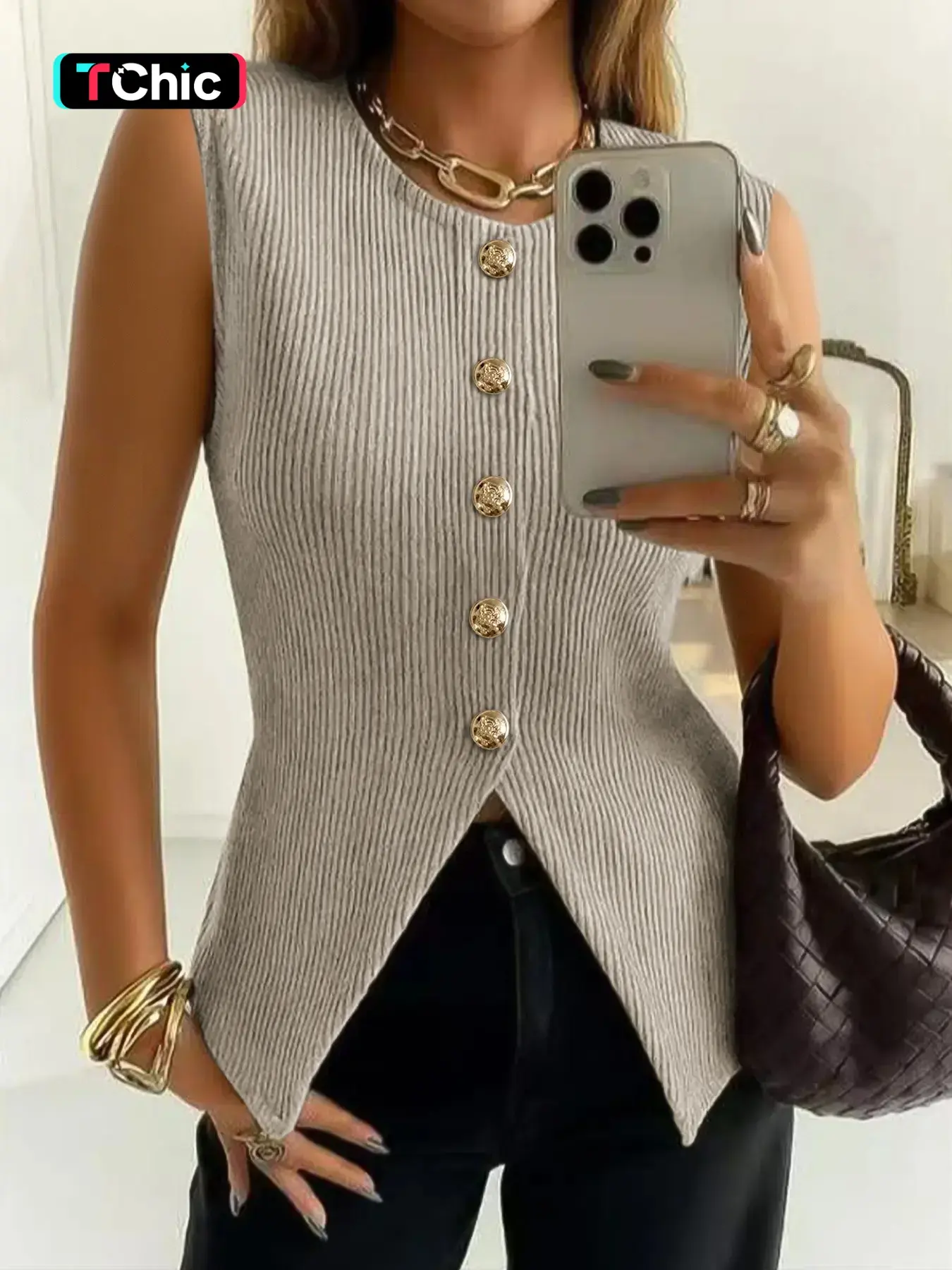 Women's Sleeveless Soft Knit Fabric Top, Basic Casual Lazy Minimalist Style, Single Button Design, Home Wear, Fitted Plain Pattern, Female Fashion, Womenswear, Knitted, Button Front Vest, Vests, Button Vest Tops