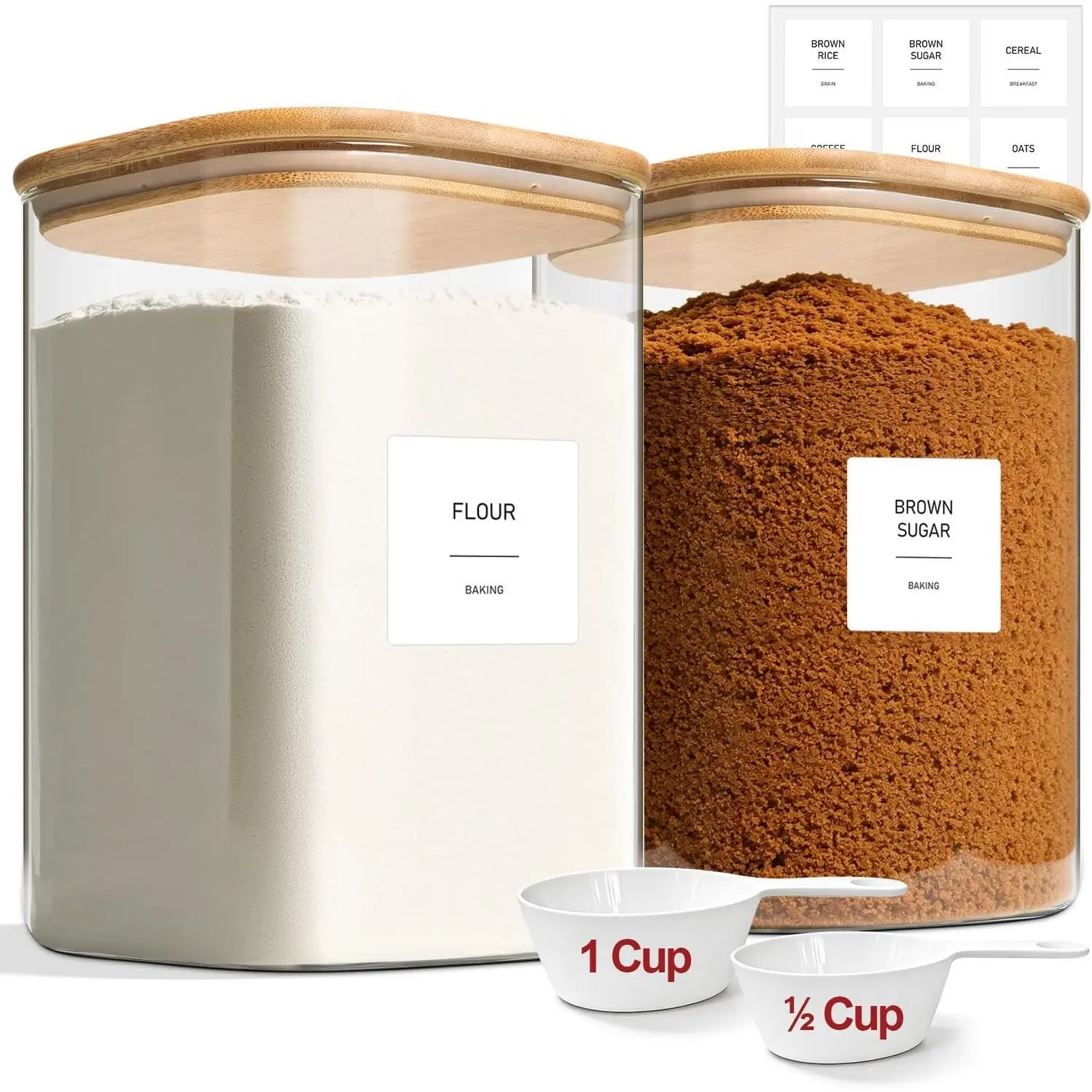 2-Pack 1 Gallon Square Glass Flour and Sugar Containers with , Large Airtight Pantry Jars for Baking - Glass Canisters with Scoops & Labels for Bulk