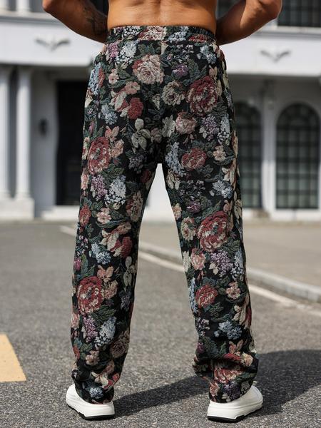 Men's Casual Floral Woven Pants, Elastic Drawstring Waist, Loose Fit, Perfect for Beach Vacation & Music Festivals