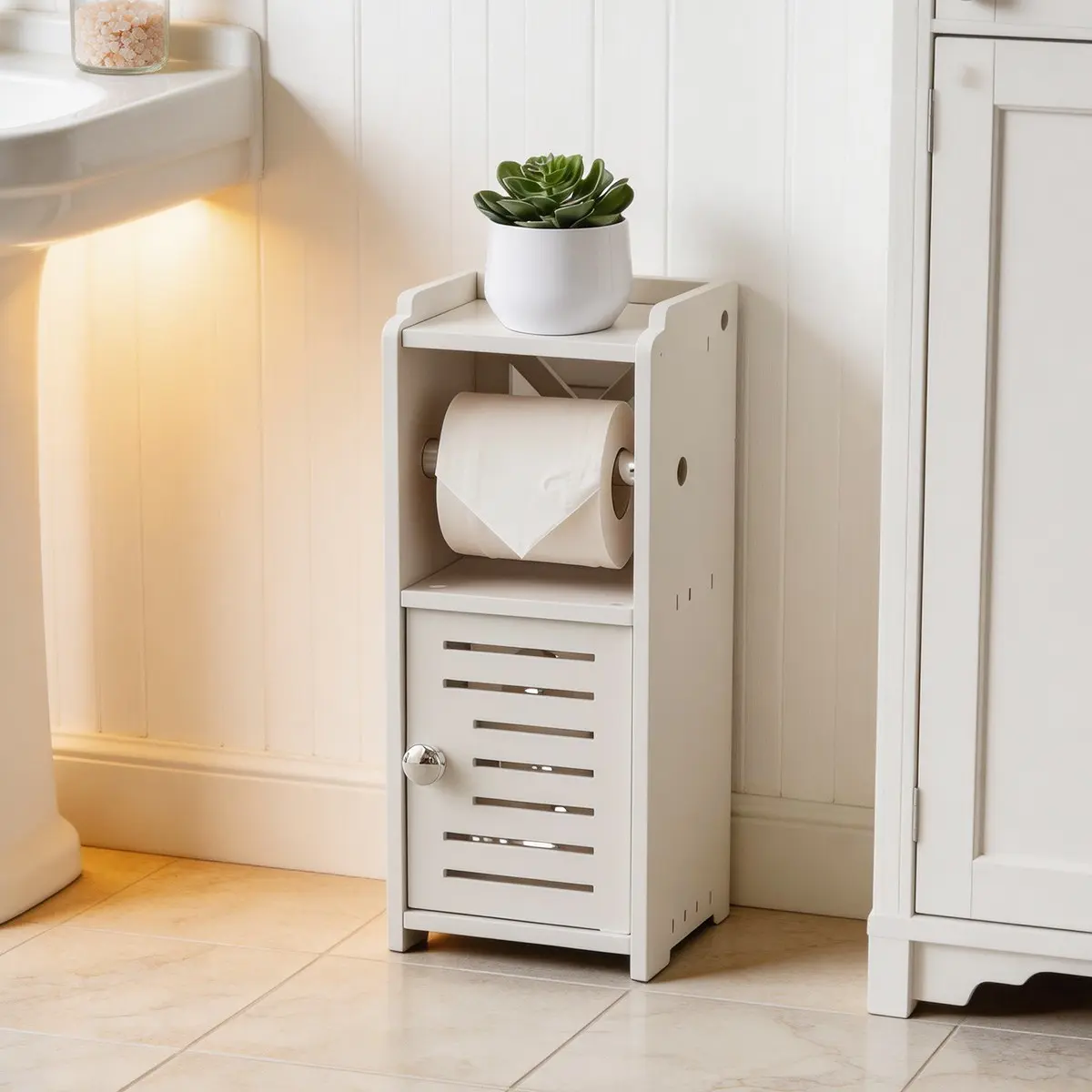 Independent PVC Bathroom Storage Cabinet, Toilet Paper Holder Stand, Compact Storage Solution for Small Bathrooms, Ideal for Apartment Living
