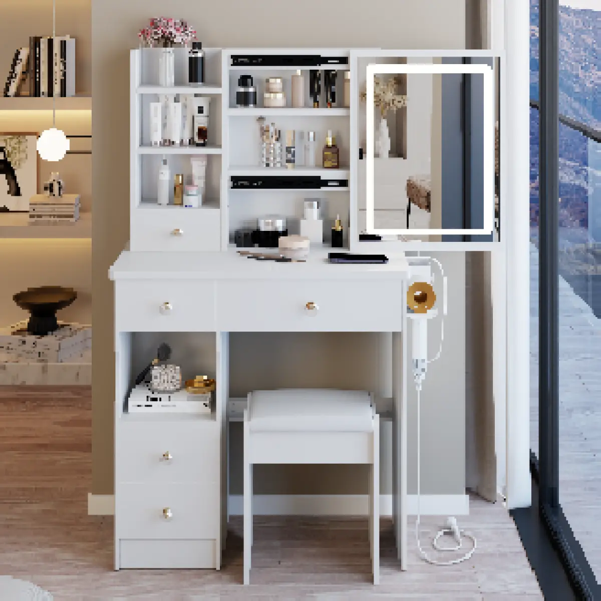 Aobtkel 29.2" Length Glam Makeup Vanity Set with Left Drawer, Cushioned Stool, 2 AC+2 USB Power Station, Hair Dryer Bracket, Extra-Large Touch-Control Sliding LED Mirror, Tri-Color Switching, Brightness Adjustment for Vanity Organization & Storage, Adjust