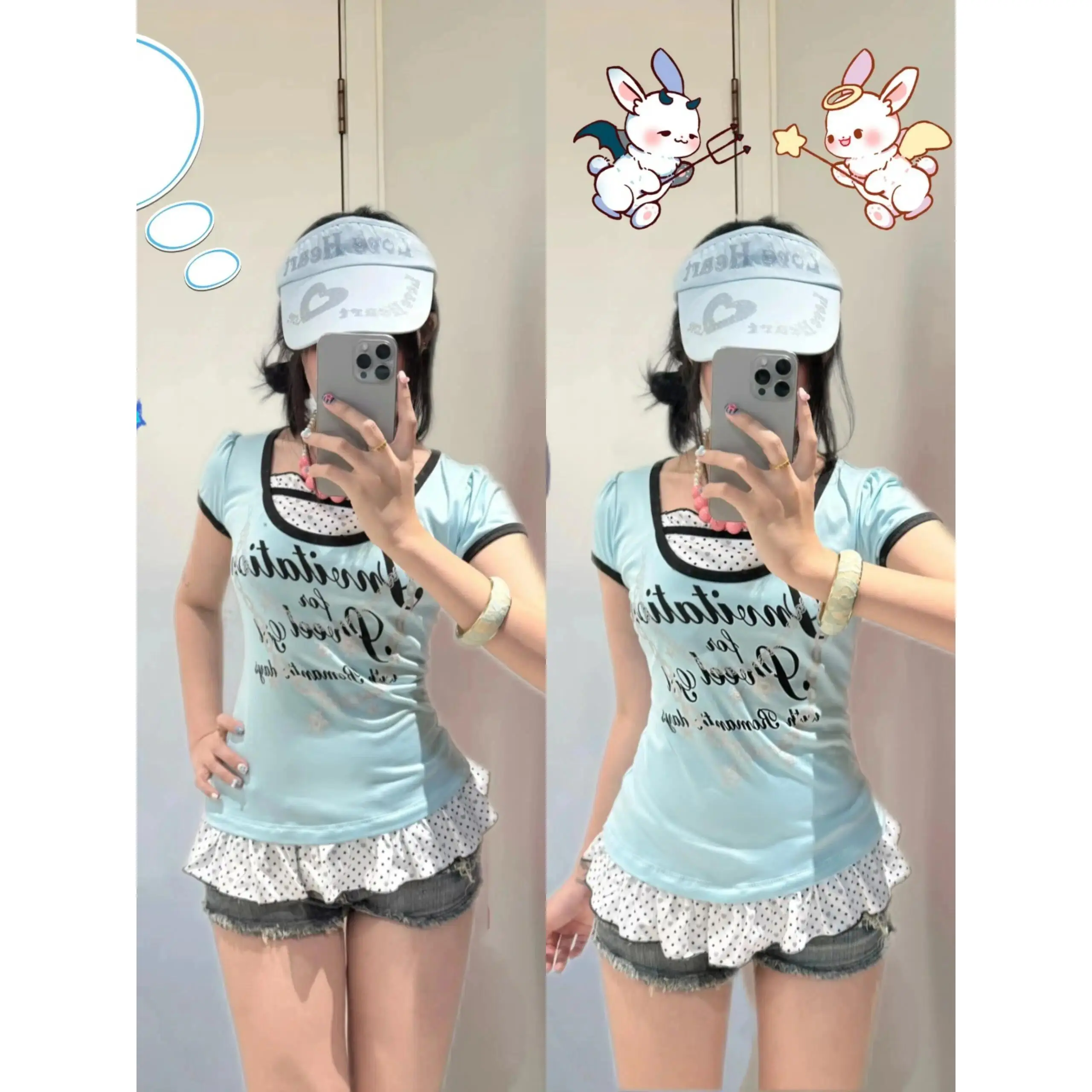 Y2K Millennium Hot Girl Letter Print Slim ort Sve Vintage Polka Dot Splice Lace Hem Top Fake Two-Piece T-irt