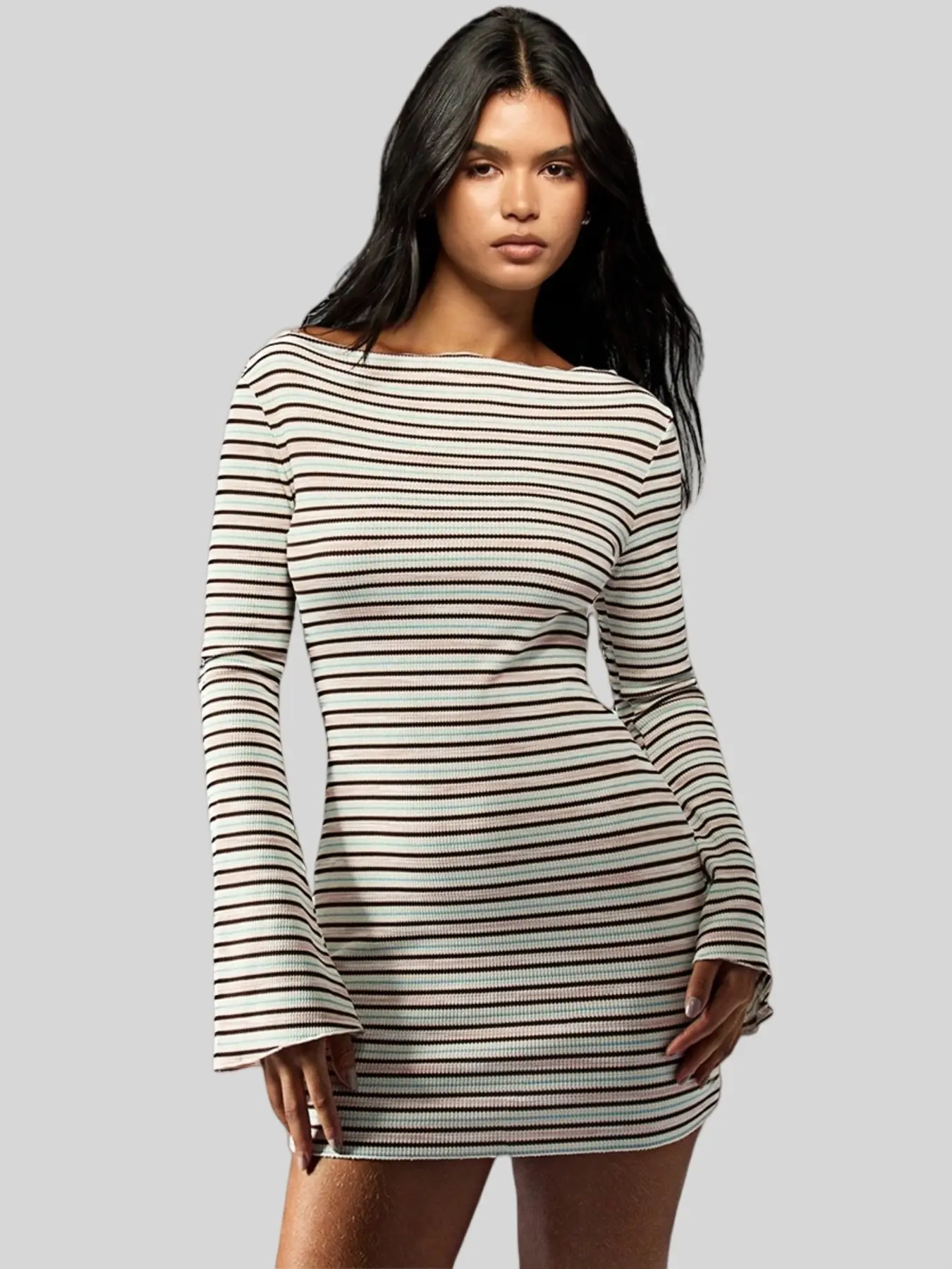 Women's Vintage Striped Boat Neck Flare Long Sleeve Mini Dress, Stretchy Slim Fit Bodycon Short Dress for Streetwear Daily Casual Outing, Vertical Stripe Dress