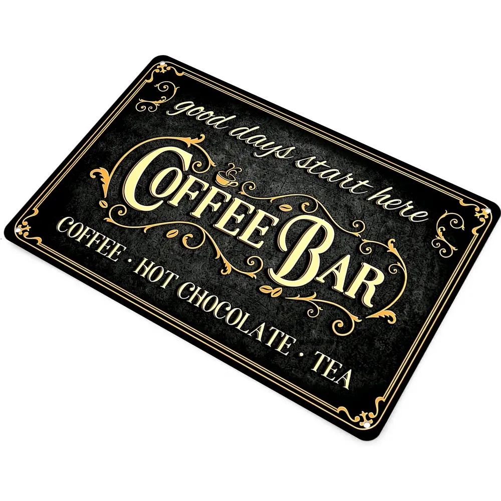 Good Days Start Here Coffee Bar Coffee Hot Chocolate Tea, Flat Ornate Coffee Shop Sign, 12x8", Rust-Proof Aluminum, Vintage Grungy Distressed, Wall Art Decor, Cafe Ornament, Kitchen Nook Space, Coffee Tea Lovers, Housewarming Birthday Gift