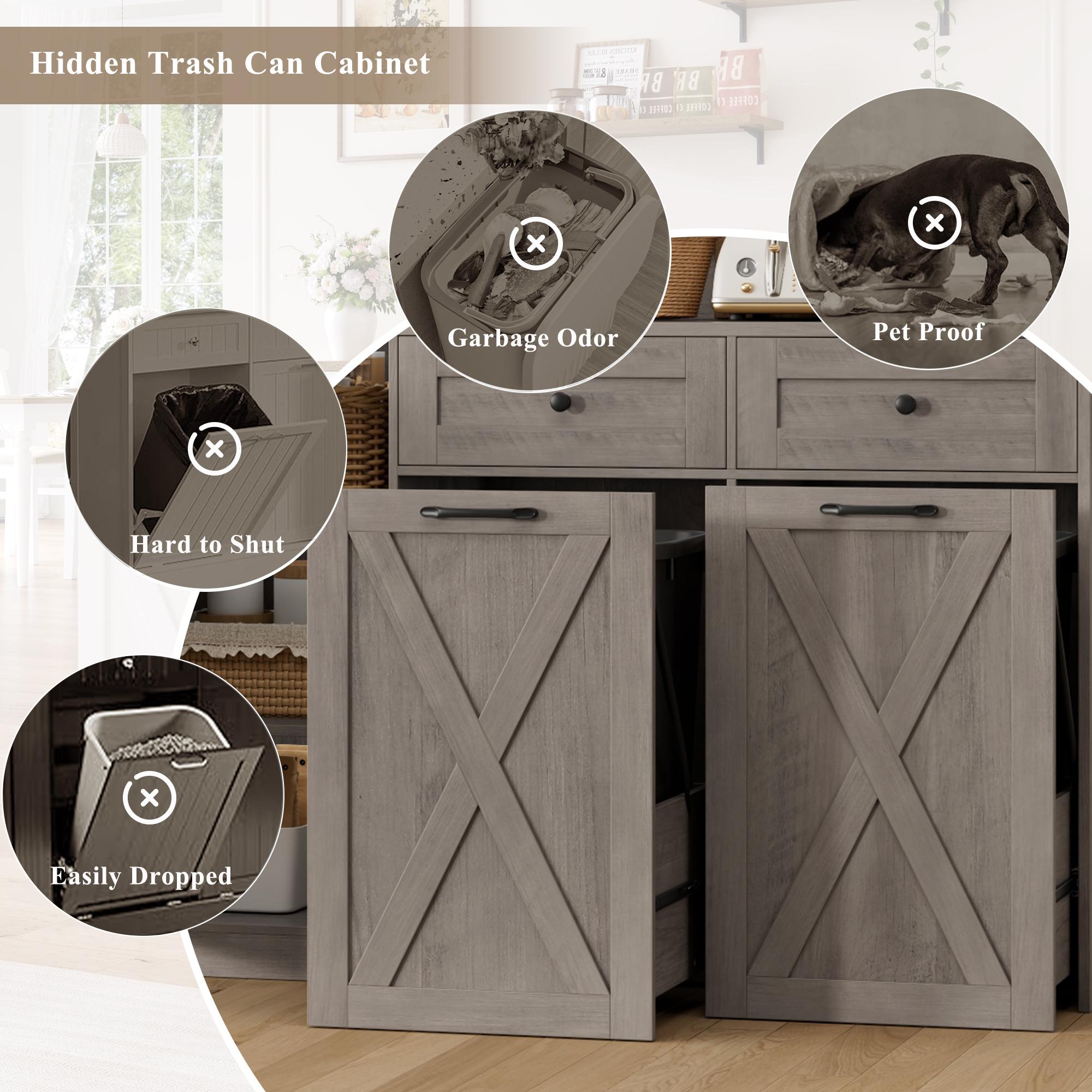 【2 packages shipping 】HOSTACK 71" H Kitchen Trash Can Cabinet, 12.5 Gallon Double Pull Out Garbage Can Hutch Cabinet with Trash Bin Storage Holders, 47" Wide Kitchen Pantry with Hidden Garbage Storage for Dining Room, Trash can not included