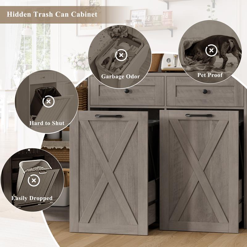 【2 packages shipping 】HOSTACK 71" H Kitchen Trash Can Cabinet, 12.5 Gallon Double Pull Out Garbage Can Hutch Cabinet with Trash Bin Storage Holders, 47" Wide Kitchen Pantry with Hidden Garbage Storage for Dining Room, Trash can not included