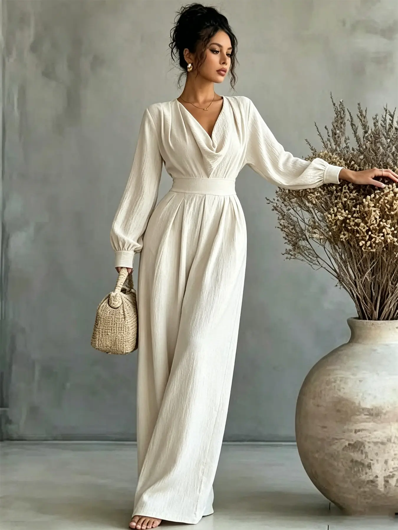 Women's beige swing collar long sleeved wide leg jumpsuit, Fashion plain jumpsuit, with high and cinched waist that looks taller and slimmer, suitable for commuting, work, shopping and outdoor activities