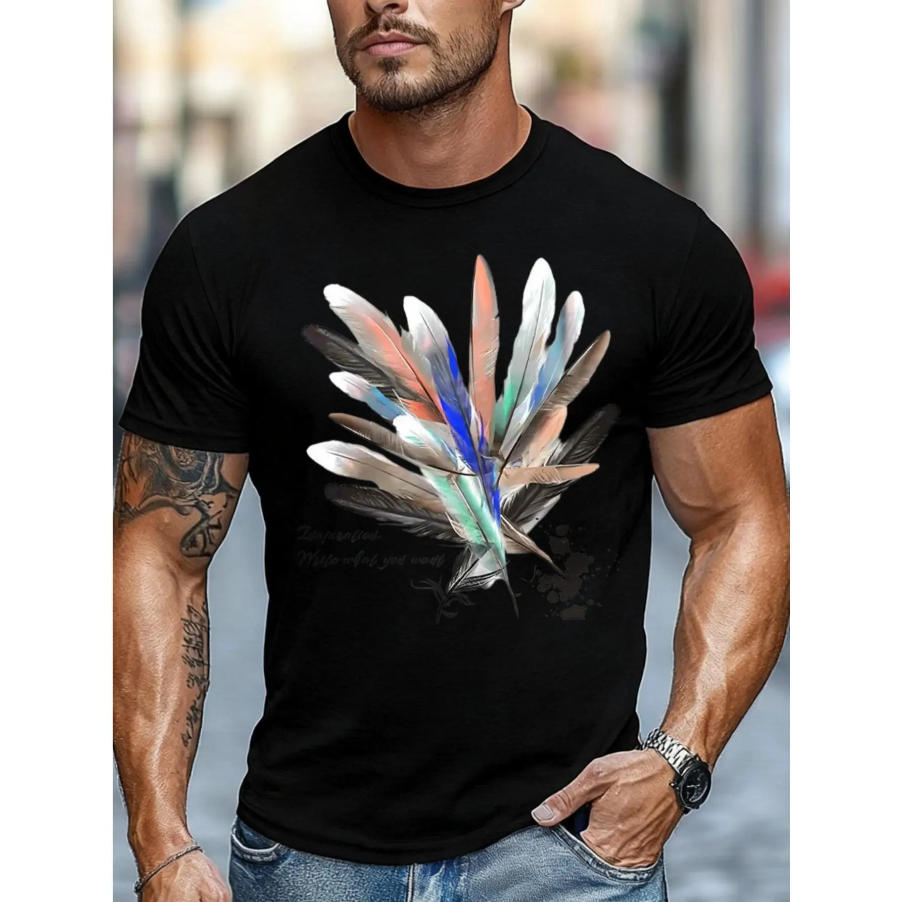 Casual Streetwear Style, Men's T-Shirt, Colorful Feather Graphic Design, Summer Outdoor Daily Wear, Gift For Boyfriend Husband Father