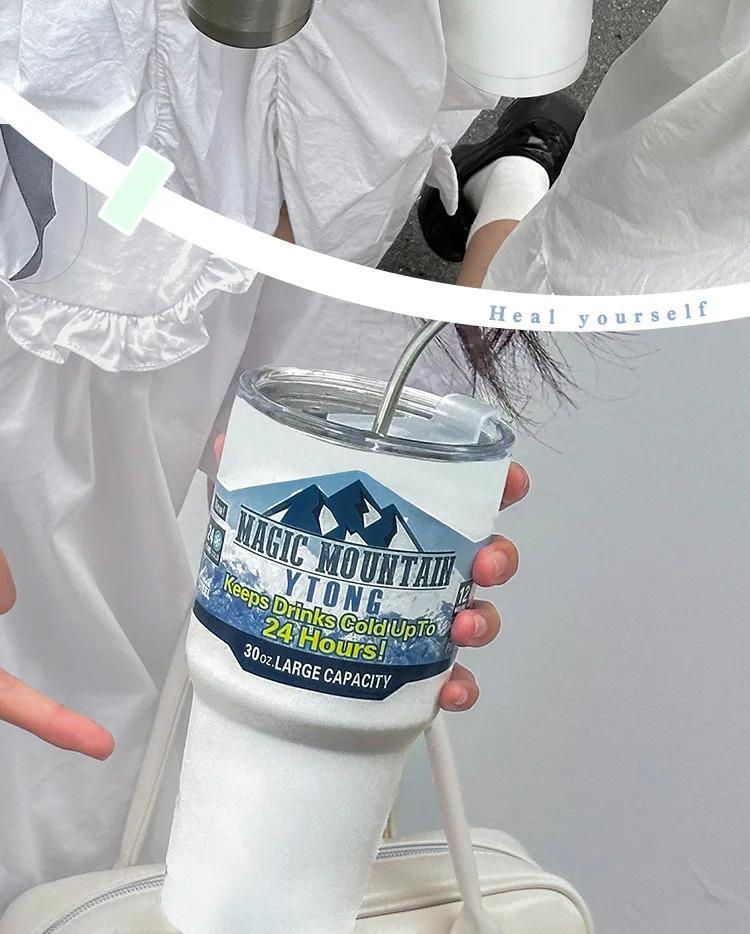 Magic Stainless Steel Freeze Thermos Cup with Straw Ice Coffee Drink Vacuum Insulated Bottle Car Travel Outdoor Mountain Cup