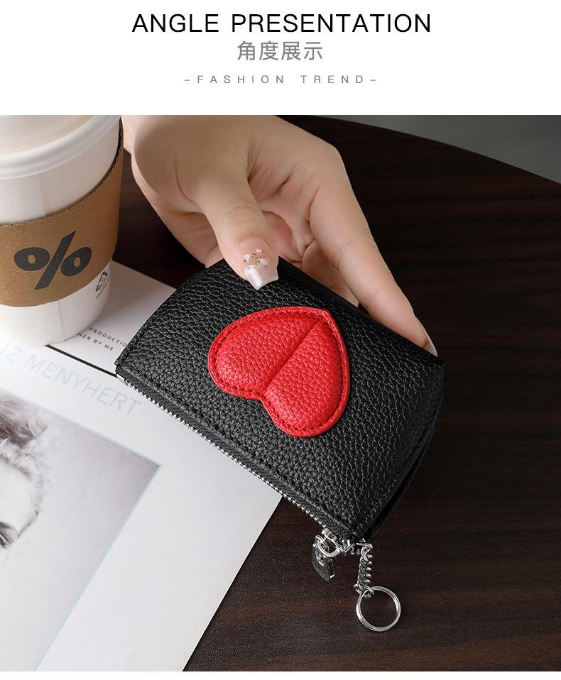 Heart-Shaped Mini Coin Purse – Cute Keychain Wallet for Women, Small Zipper Card Holder for Coins, Cash & Keys, Everyday Essential, Black with Red Heart Design