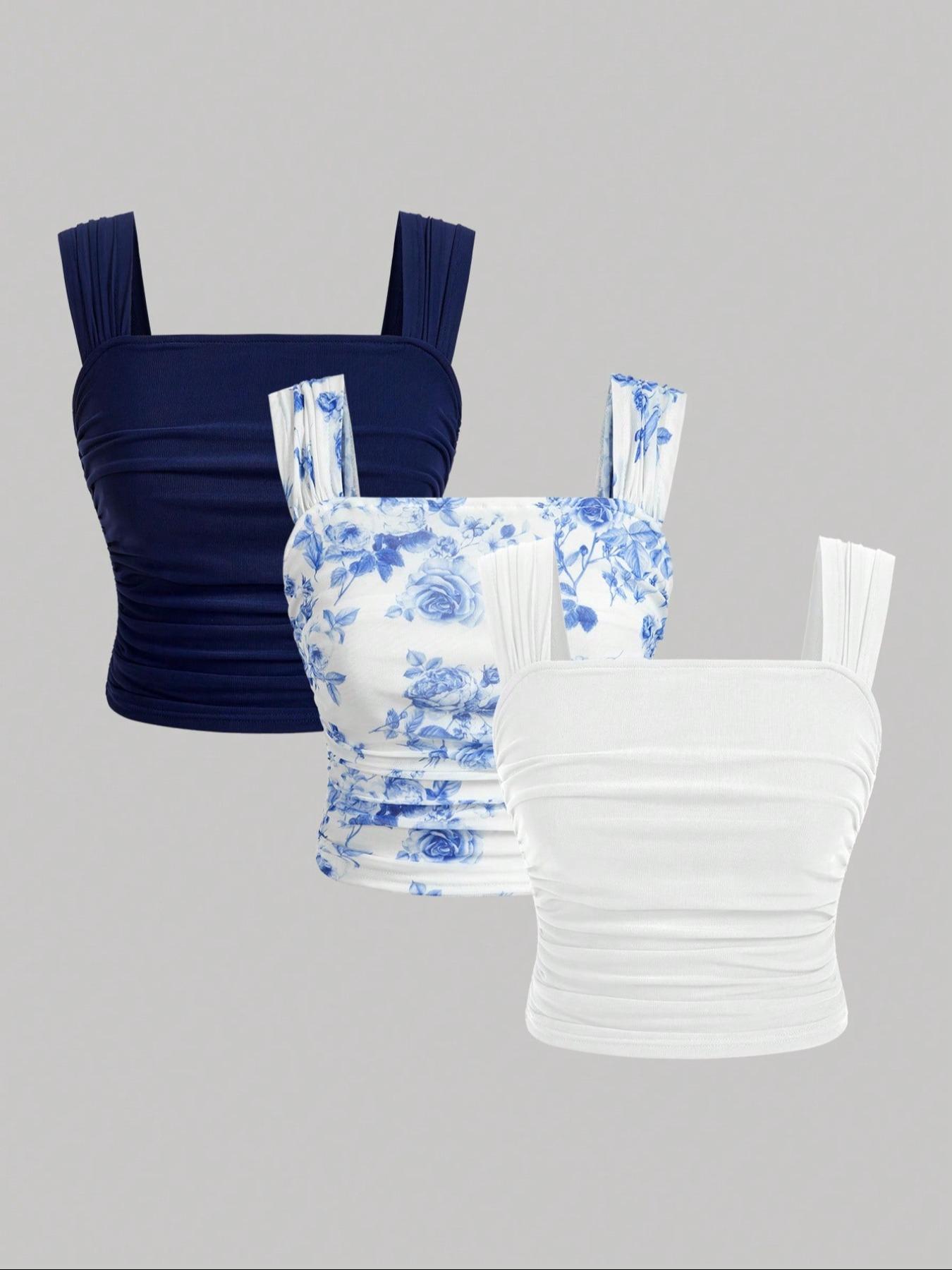 Women's Plain / Floral Print Ruched Tulle Tank Top, Elegant Sleeveless Top for Summer, Ladies Clothes for Daily Wear, Cropped Cami Top