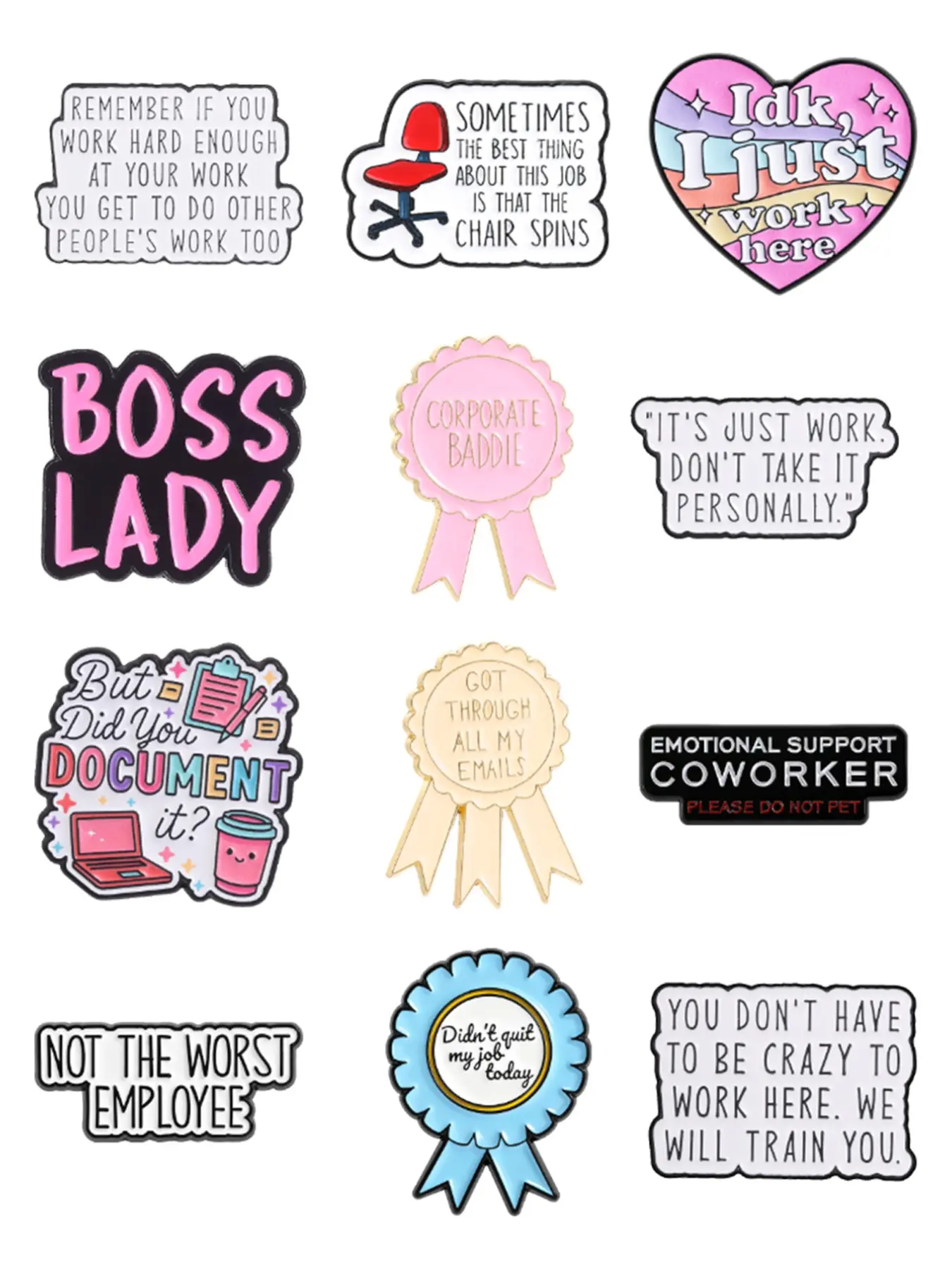 12 Styles Workplace Quote Enamel Pin Set, Funny Office Text Medal, Metal Brooch Gift for Office Staff, Unique Employee Appreciation