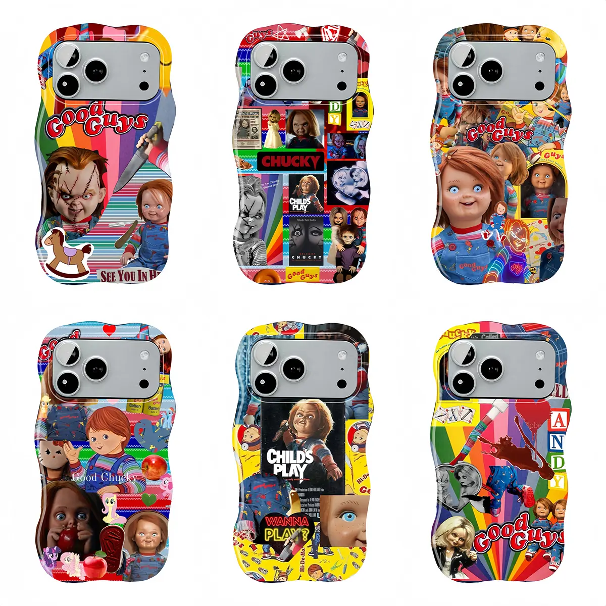Chucky (Child's Play) phone case, Chucky collage phone case, Chucky horror movie phone case, for those who want to play the Chucky theme, compatible with iPhone 11–17 Pro Max/Plus series and Samsung Galaxy S23–S25 series, Chucky rainbow collage pattern.