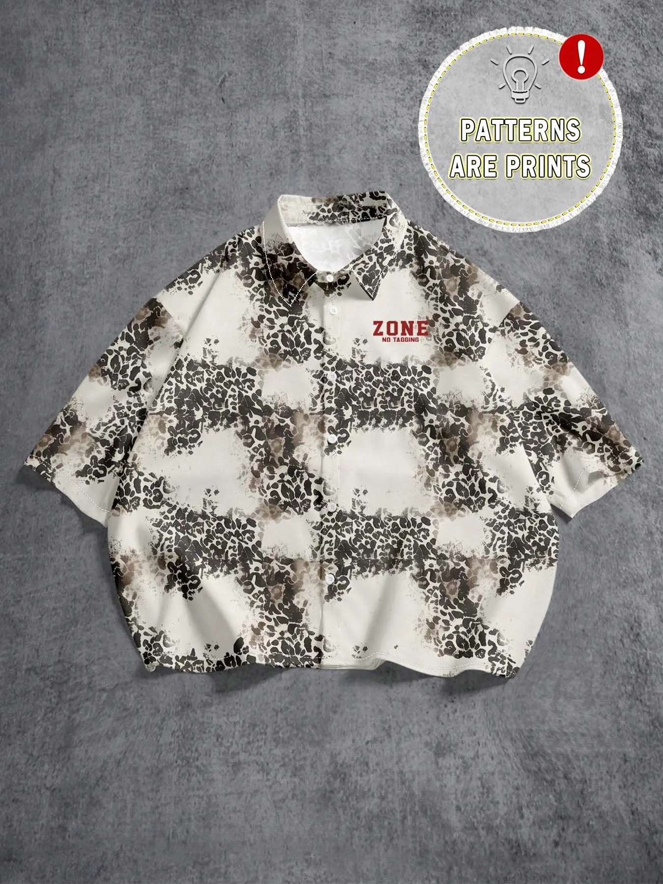 American Vintage Leopard Print Letter Short Sleeve Shirt for Men, Loose Fit Casual Button-Down Top, Trendy Streetwear Style