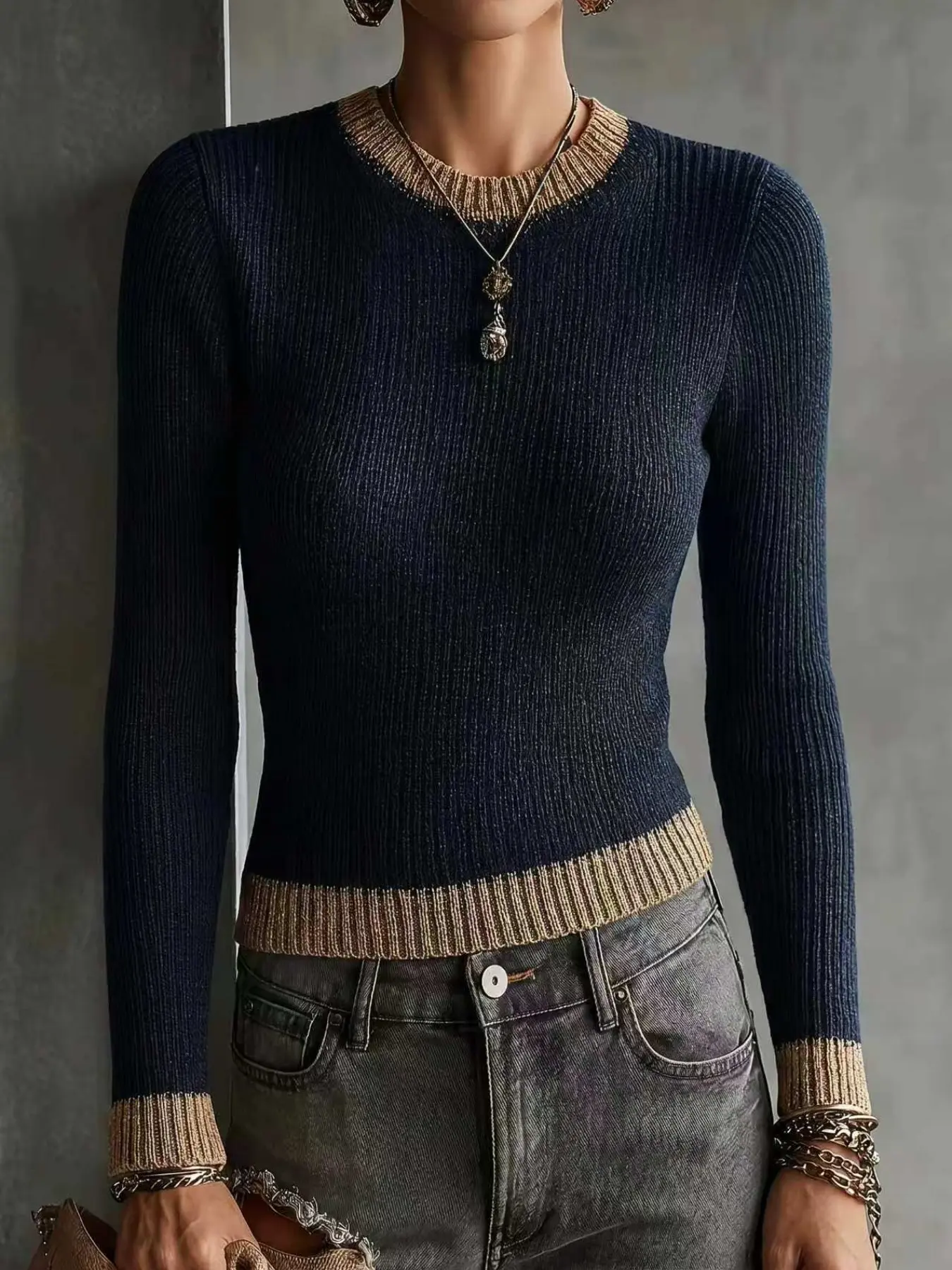 Vintage Colorblock Gold Trim Round Neck Long Sleeve Knit Sweater for Women, Slim Fit Striped Pullover, Versatile Top for Home Office Travel Commute