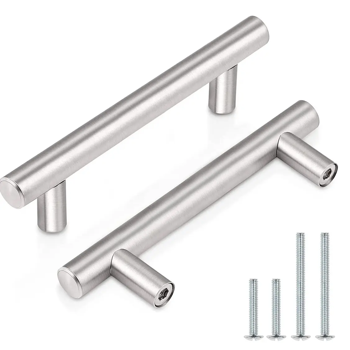 2-Piece Set 2/4 Inch Solid Cabinet Door Handles, Brushed Nickel Stainless Steel, European T-Style Kitchen Drawer Pulls, Bathroom Bedroom Closet Hardware, Metal Handle