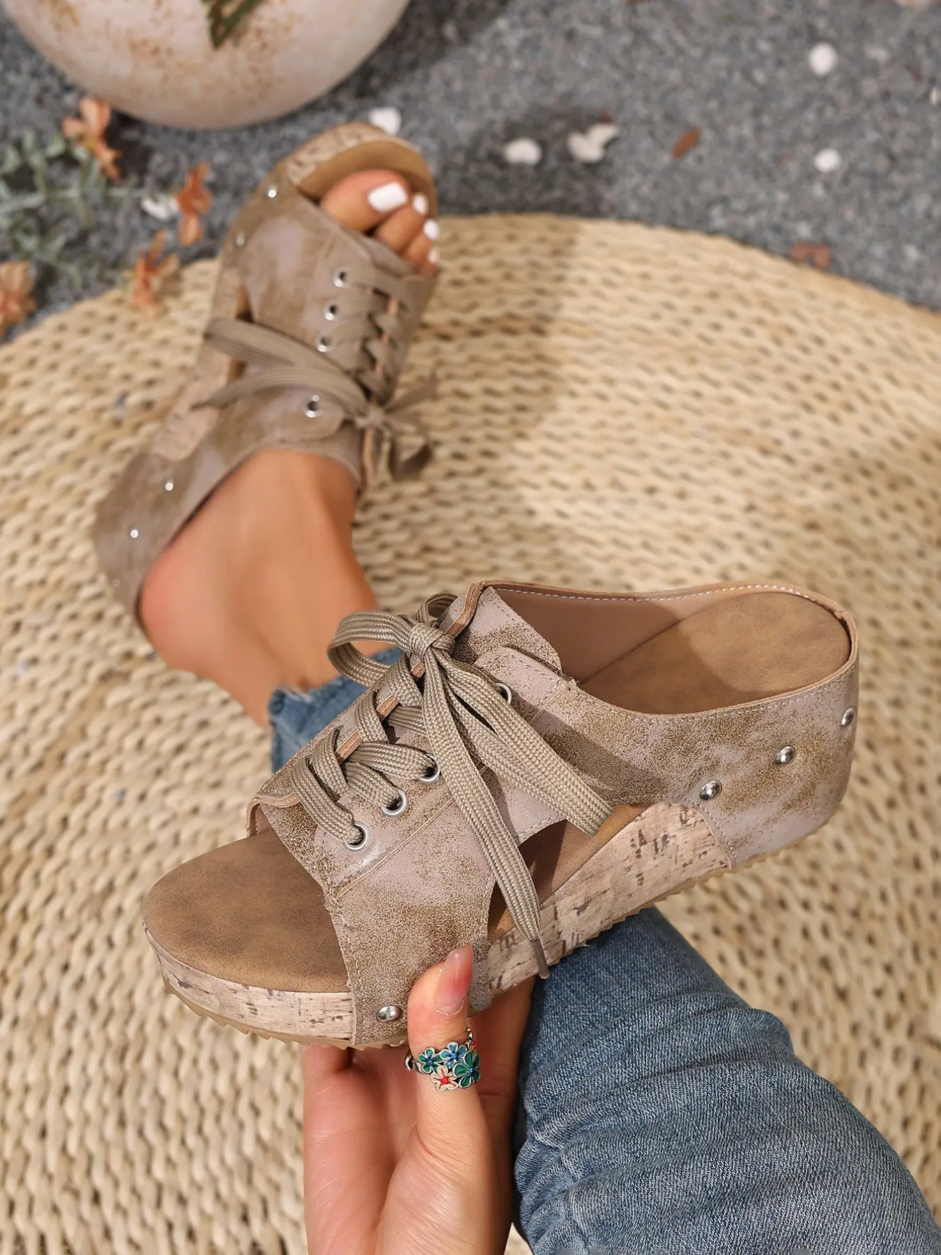 Pure Color Basic Strap Sandals, Adjustable Tie-Back, Soft Wood Shock Absorption, Comfortable Foot Relief, Ideal for Home, Errands, Shopping
