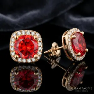 Women's Cushion Halo Stud Earrings - 1CT Red Moissanite, Champagne Gold-Plated Hypoallergenic Sterling Silver Artificial Gemstone Jewelry, Anniversary Gift