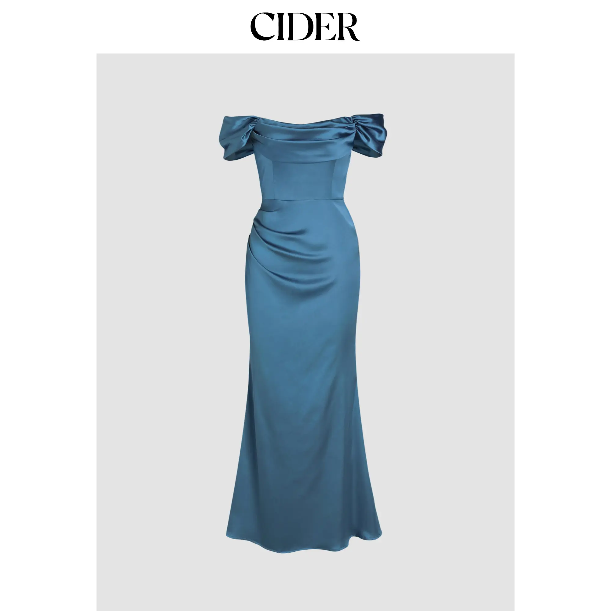 Cider Ruched Off-shoulder Satin Maxi Dress