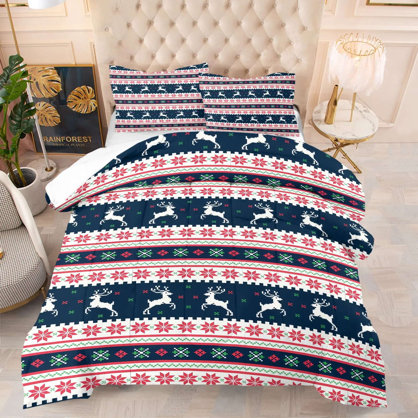Christmas Themed Bedding Set with Reindeer Pattern, Soft Decor for Adult Bedrooms, Great Gift for Friends & Family, Ideal Housewarming & Holiday Present. Includes 1 Quilt and 1 or 2 Pillowcases, Pillow Inserts NOT INCLUDED