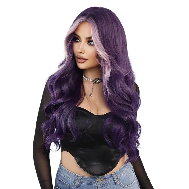Women's Roland Purple Synthetic Full Machine Wig - Large Wavy Long Curly Hairpiece with Purple Highlights, Full Head Coverage