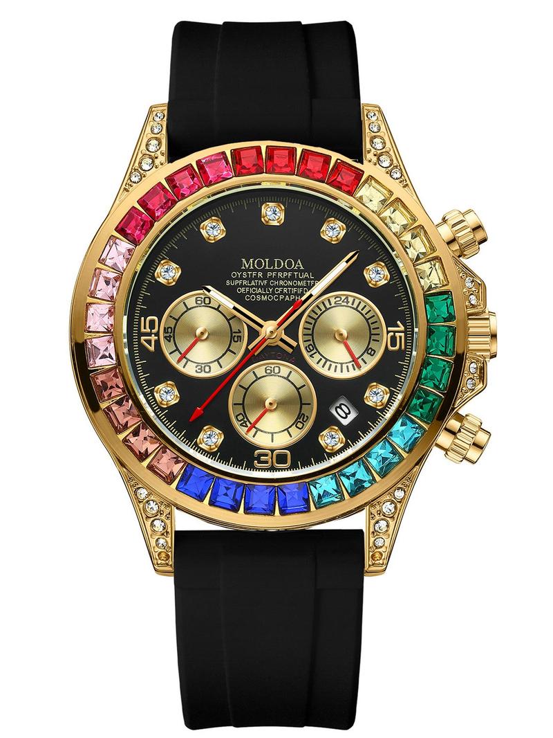 Men's Business Fashion Rhinestone Decorated Analog Quartz Watch, Fashion Watch for Party, Daily Clothing Decor, Trendy All-match & Exquisite Watch for Birthday Gift with Box, Stylish Watch, Rhinestone Watches