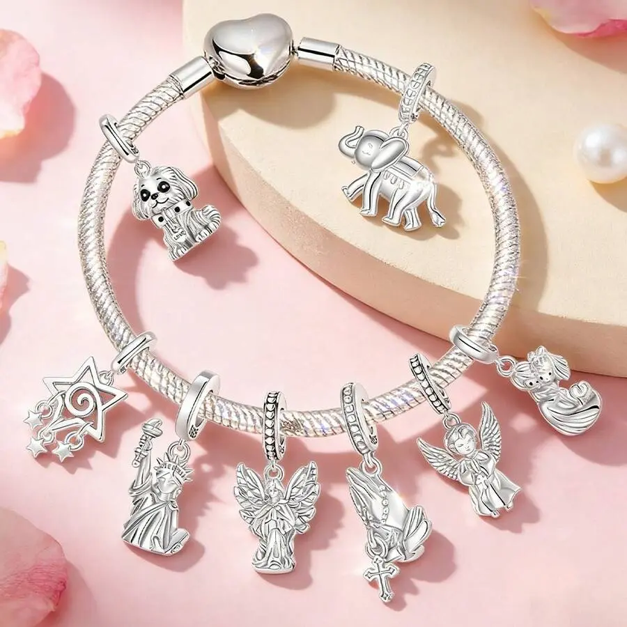 Silver Metal-Coated Angel Shapes Charms - Evil Eye, Cross, Liberty, Elephant, Puppy Pendants for DIY Jewelry Bracelets & Necklaces