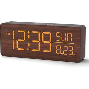 Peakeep Wooden Digital Alarm Clock Large Display, Textured Desk Table Decoration for Bedroom, Living Room, Plug in Clock with Time Date Day, 5 Brightness, Auto DST