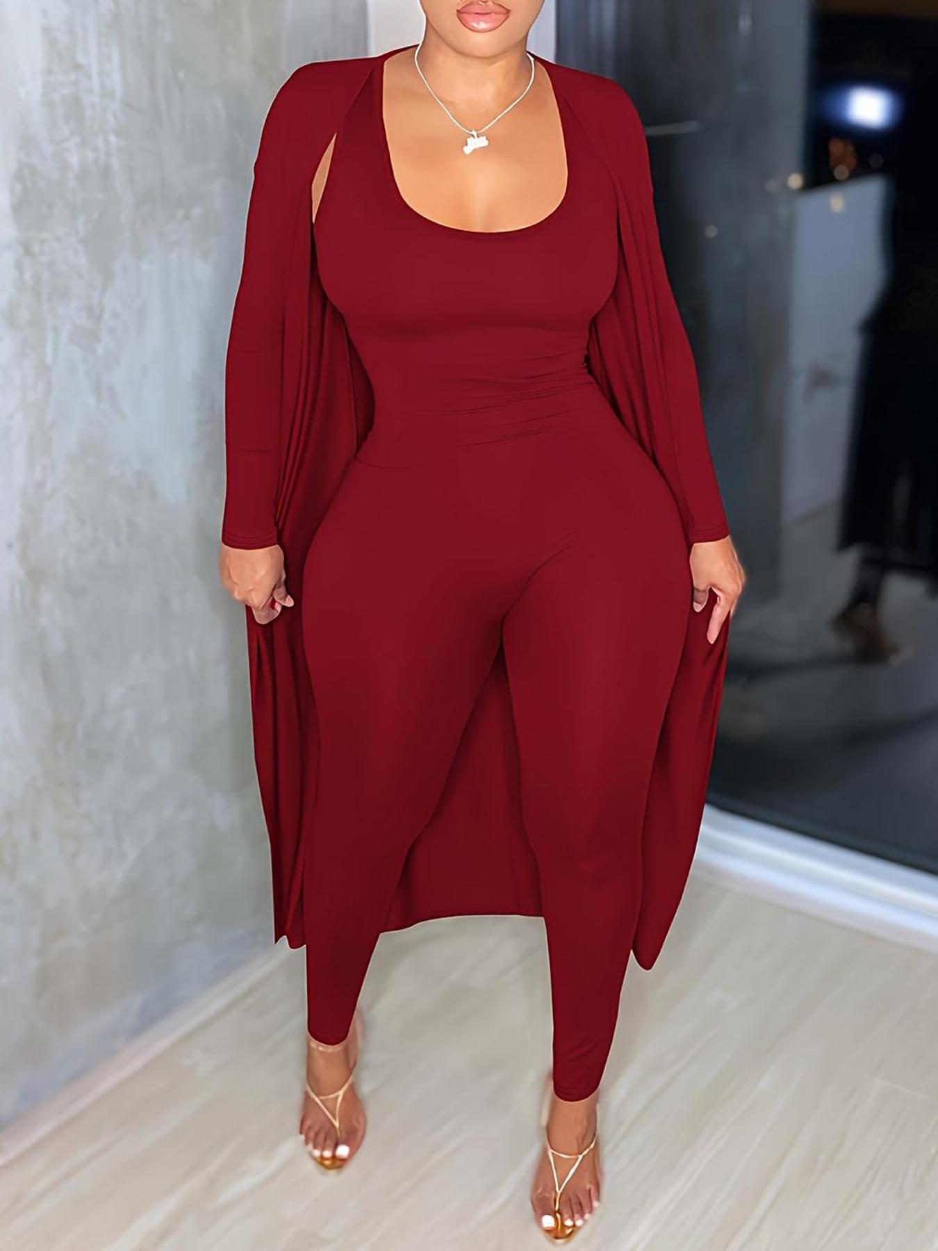 【Plus Size】 Two-piece Matching Set Solid Scoop Neck Jumpsuit & Long Sleeve Open Front Outwear, Casual Fashion Cozy Outfits for Daily Outdoor Wear, Women's Clothing for All Seasons, Two Piece Set Women, Co-ord Sets, Womenswear