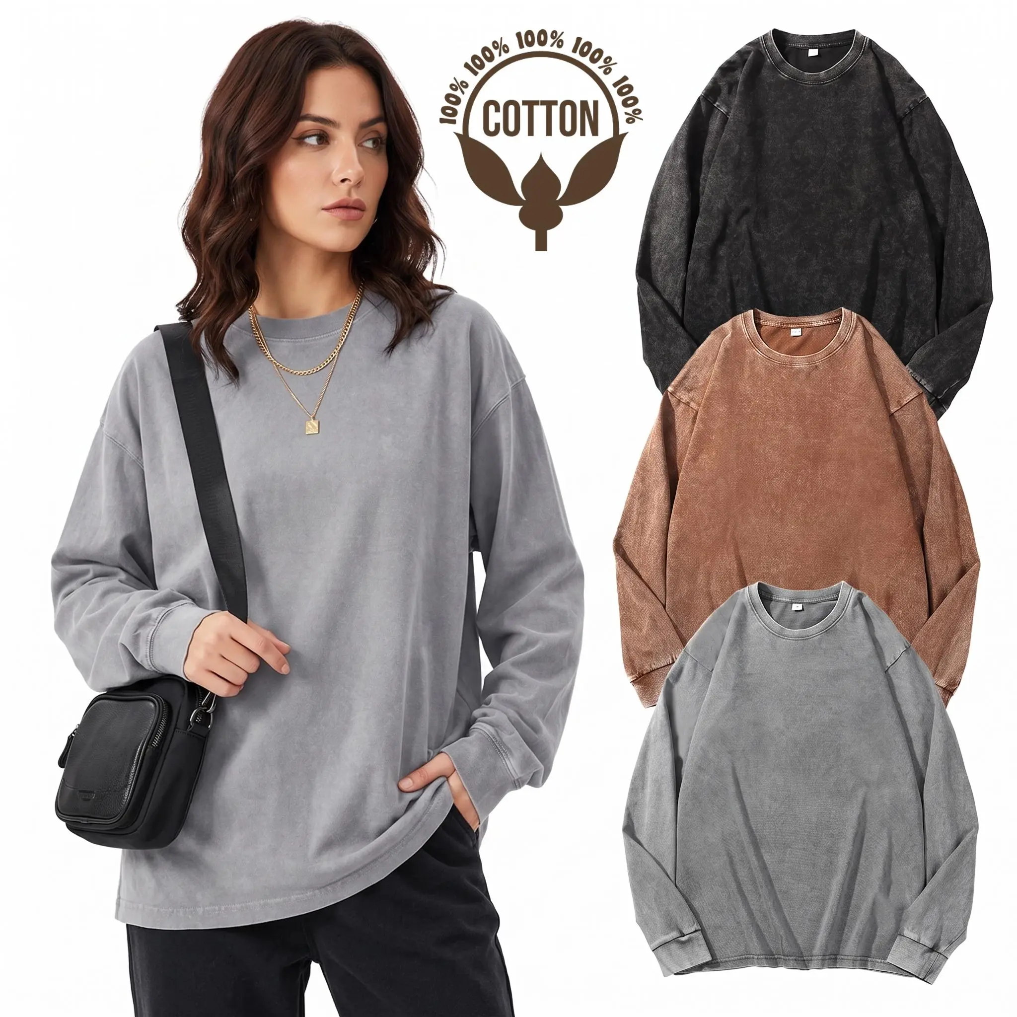1/3 Pack Vintage Acid Wash Oversized T-Shirts Unisex 100% Cotton Long Sleeve Tees for Women Men Casual Loose Fit Baggy Pullover Comfy Basic Streetwear Fall Loungewear Essential Layering Tops