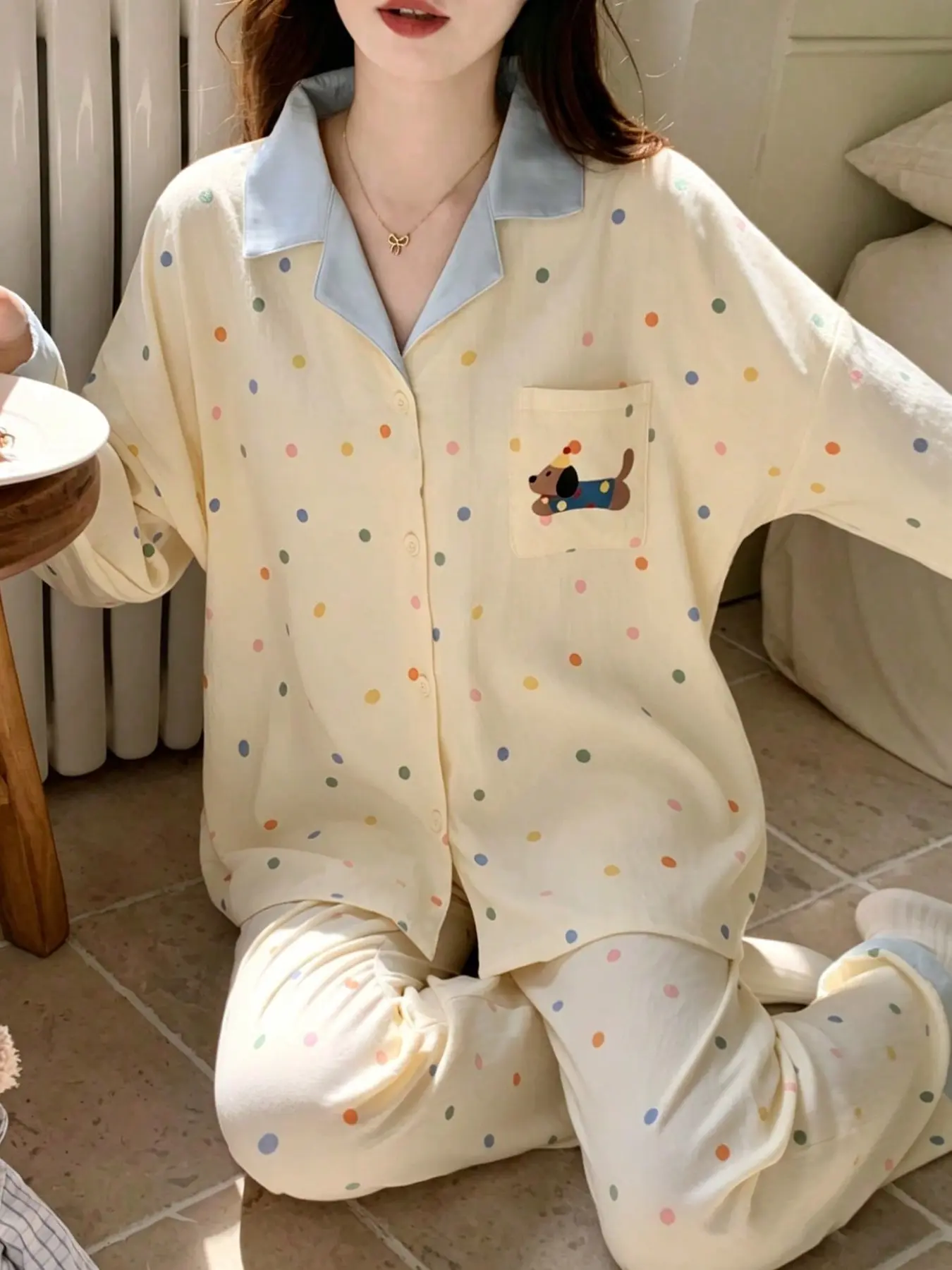 Women's 2-Piece Pajama Set, Colorful Polka Dot Top with Pocket, Long Sleeve, Cute Cartoon Dog Pattern, Comfortable Long Pants, Fall Winter Sleepwear