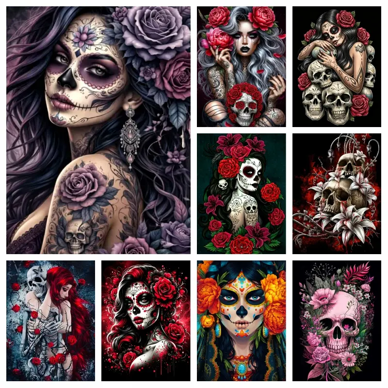 5D DIY Diamond Art Kit - Gothic Sugar Skull Woman Floral Skeleton Rose, Large Size Square-Round Full Drills, No Curling Stress Relief Craft with All Tools, Holiday Home Decor Gift for Adults, Hobby (Toys & Hobbies, DIY Needlework)