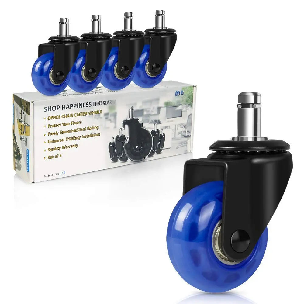 2"Office Caster Wheels, Desk Gaming Chair Stool Wheels,Heavy Duty Swivel Caster,No Floor Mat Needed ,Quiet & Smooth Rolling Rubble Wheels, Fit Standard Stem 7/16 Inch,Set Of 5,Blue