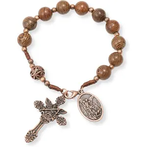 Store  Beads  Decade Rosary  Pocket  Mirror with Saint Medal and   in Antique Bronze Wooden Travel Friendly Rosary